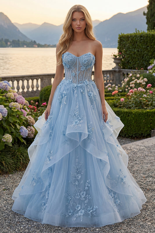 Long Sparkly Blue Strapless Corset A Line Floral Beaded Prom Dress with Ruffles