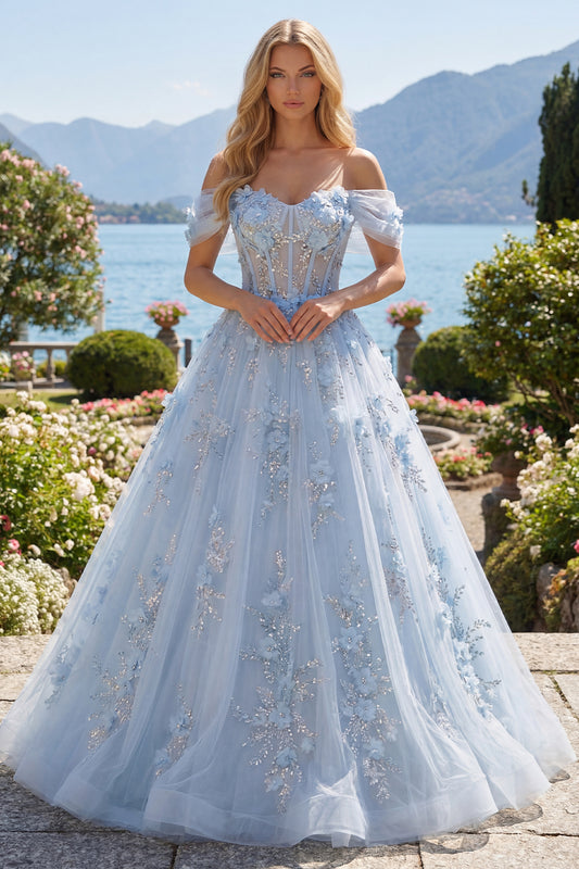 Off the Shoulder Corset A Line Long Sparkly Blue Floral Beaded Prom Dress