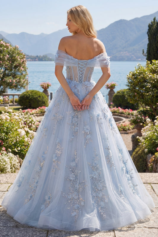 Off the Shoulder Corset A Line Long Sparkly Blue Floral Beaded Prom Dress