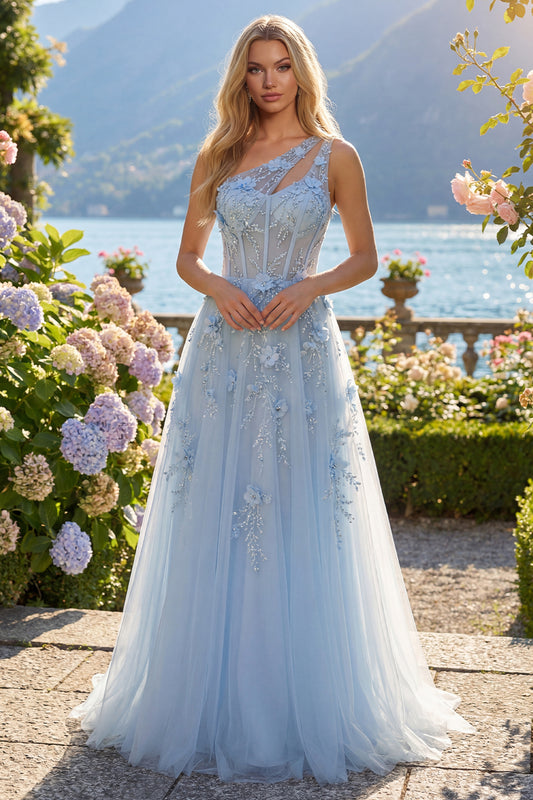 One Shoulder Sparkly Blue Corset A Line Long Floral Beaded Prom Dress