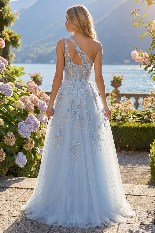 One Shoulder Sparkly Blue Corset A Line Long Floral Beaded Prom Dress