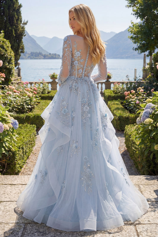 Long Sleeves Sparkly Blue Corset A Line Floral Beaded Long Prom Dress with Ruffles