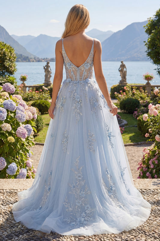 Spaghetti Straps Sparkly Blue Corset A Line Long Floral Beaded Prom Dress