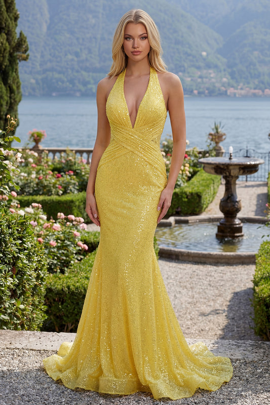 Halter Yellow Glitter Ruched Mermaid Long Prom Dress