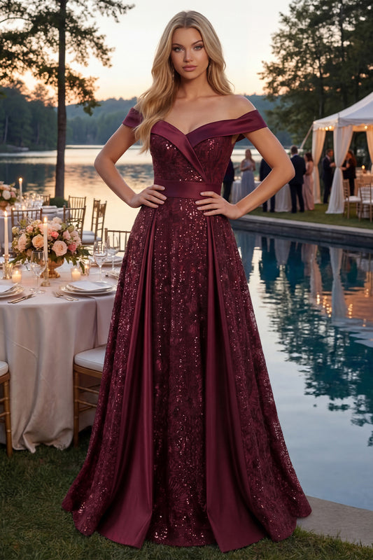 A Line Off the Shoulder Sparkly Burgundy Long Sequin Prom Dress with Cape