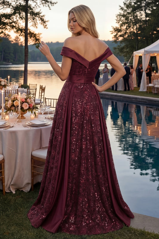 A Line Off the Shoulder Sparkly Burgundy Long Sequin Prom Dress with Cape
