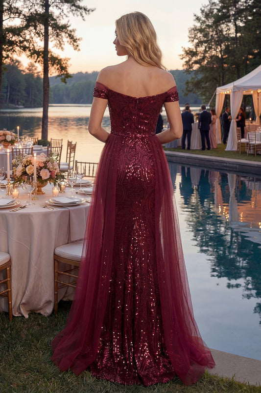Long Sequin Mermaid Off the Shoulder Sparkly Burgundy Prom Dress with Cape