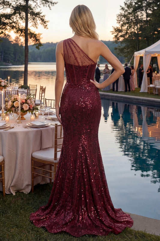 Corset Long Sequin Mermaid Sparkly Burgundy One Shoulder Prom Dress with Slit