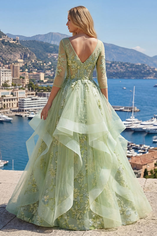 3/4 Sleeves Green Long Corset A Line Floral Prom Dress with Ruffles