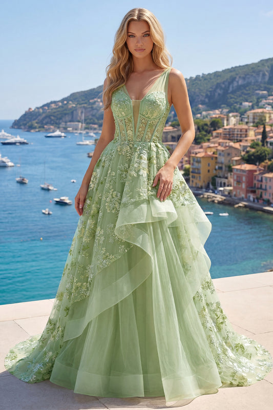 V-Neck Green Long Corset A Line Floral Prom Dress with Ruffles