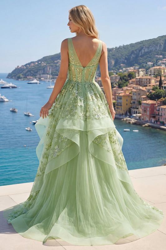 V-Neck Green Long Corset A Line Floral Prom Dress with Ruffles
