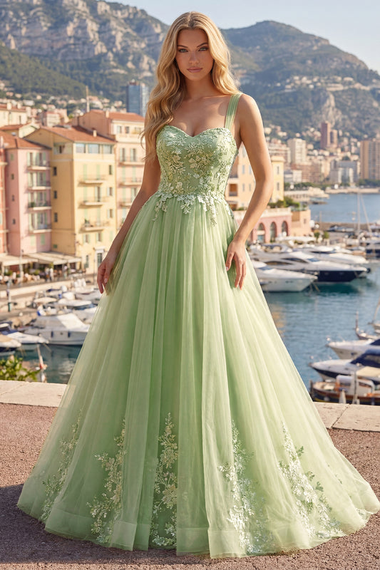 Thick Straps Green Long A Line Floral Prom Dress