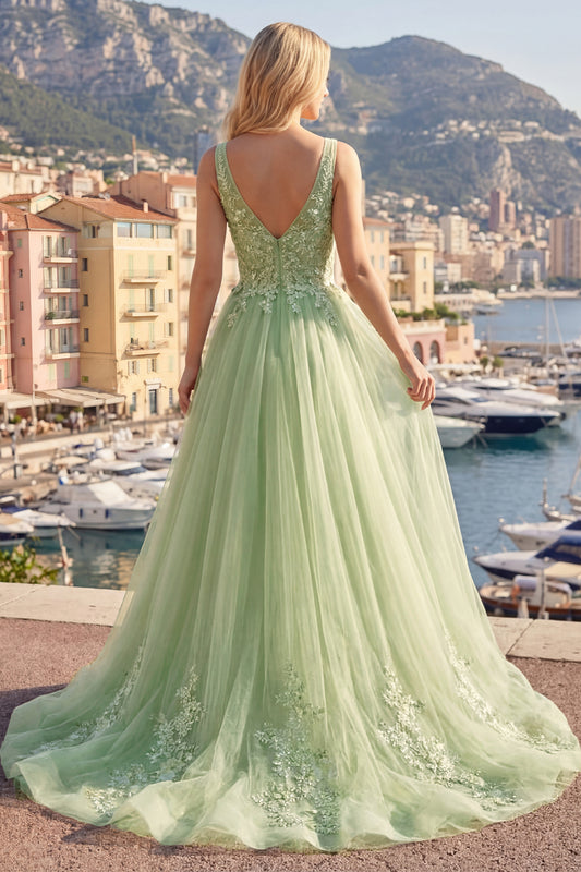 Thick Straps Green Long A Line Floral Prom Dress