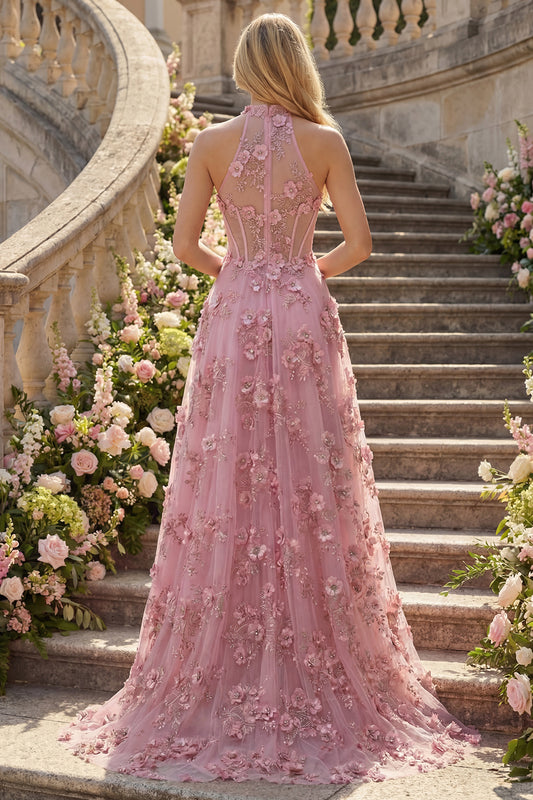 Sparkly Taro Corset Keyhole A Line High Neck Floral Beaded Prom Dress
