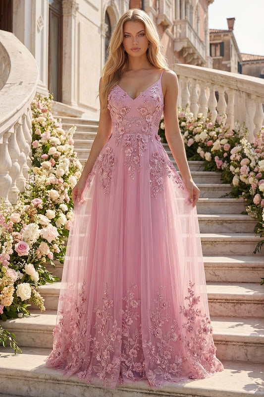 Spaghetti Straps Sparkly Taro A Line Floral Beaded Prom Dress