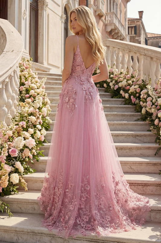 Spaghetti Straps Sparkly Taro A Line Floral Beaded Prom Dress