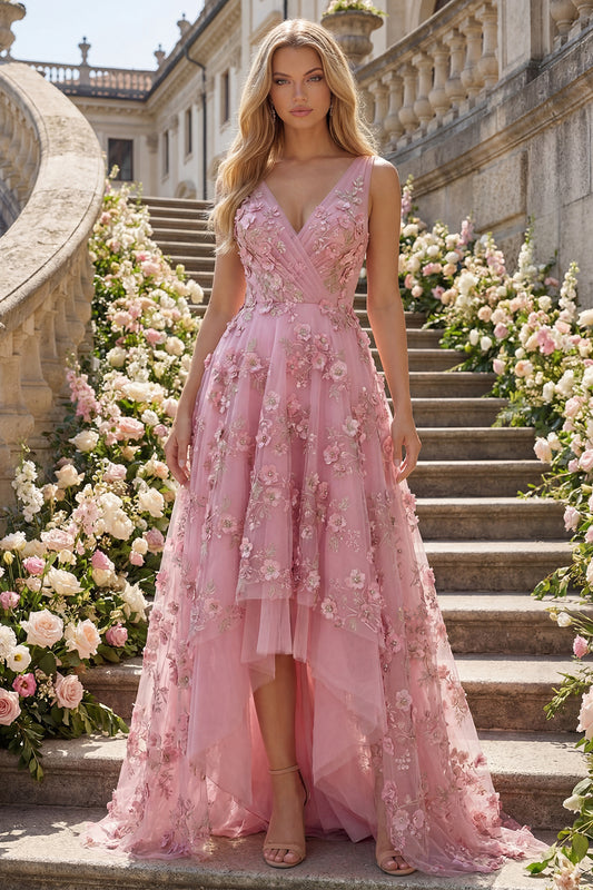 V-Neck Ruched Sparkly Taro A Line High Low Floral Beaded Prom Dress
