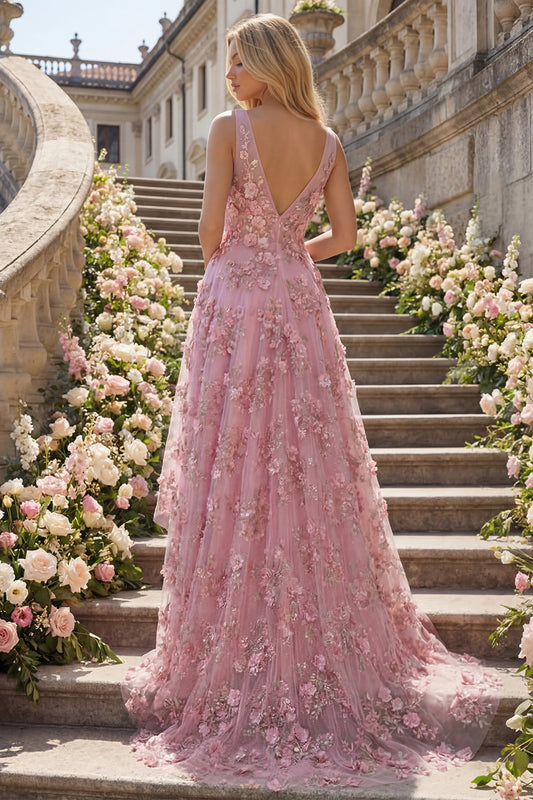 V-Neck Ruched Sparkly Taro A Line High Low Floral Beaded Prom Dress
