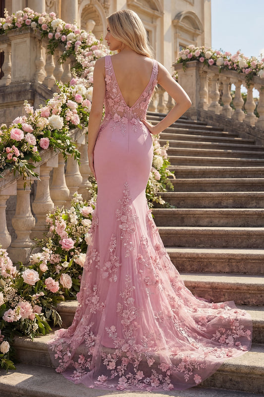 Long Floral Beaded V-Neck Ruched Sparkly Taro Mermaid Prom Dress
