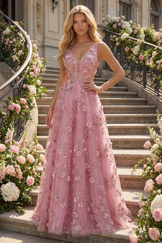 V-Neck Sparkly Taro A Line Floral Beaded Prom Dress