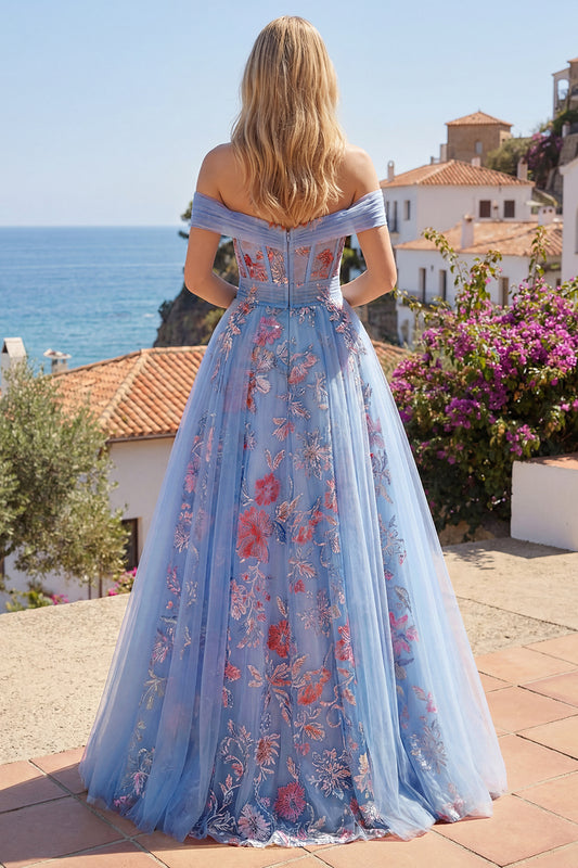 A Line Floral Corset Blue Long Off the Shoulder Prom Dress