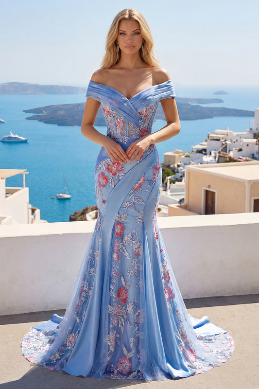 Mermaid Ruched Floral Corset Blue Long Off the Shoulder Prom Dress