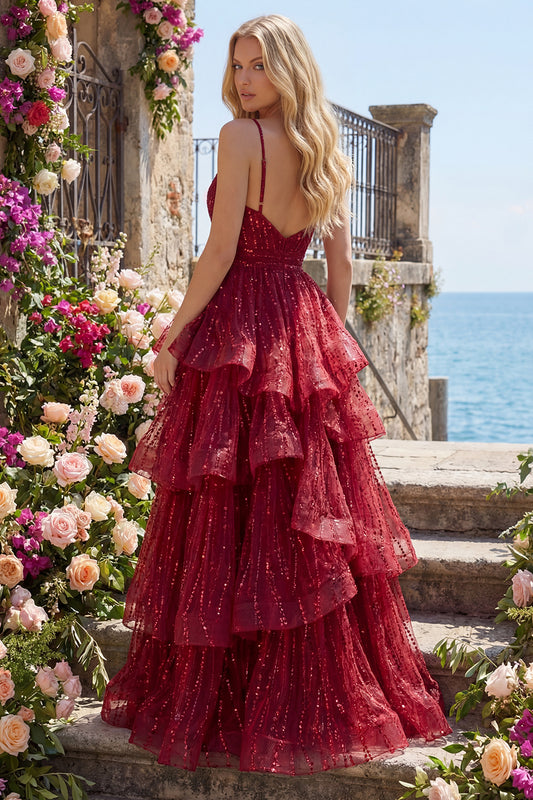 Spaghetti Straps A Line Sparkly Burgundy Long Beaded Prom Dress with Ruffles