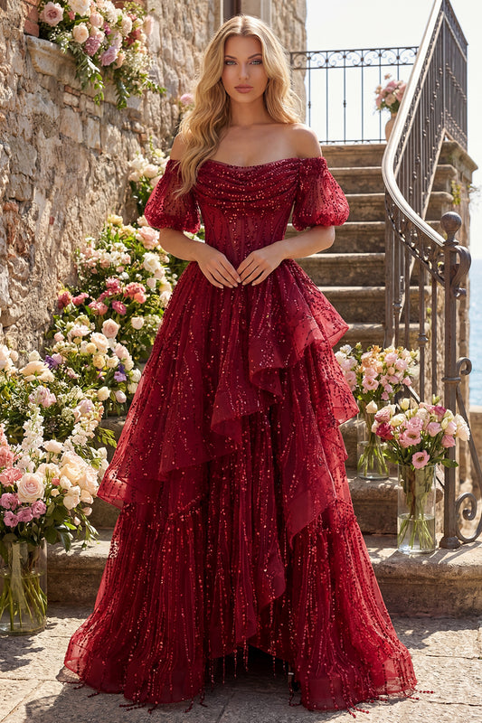 Puff Sleeves Corset A Line Sparkly Burgundy Long Beaded Prom Dress with Ruffles