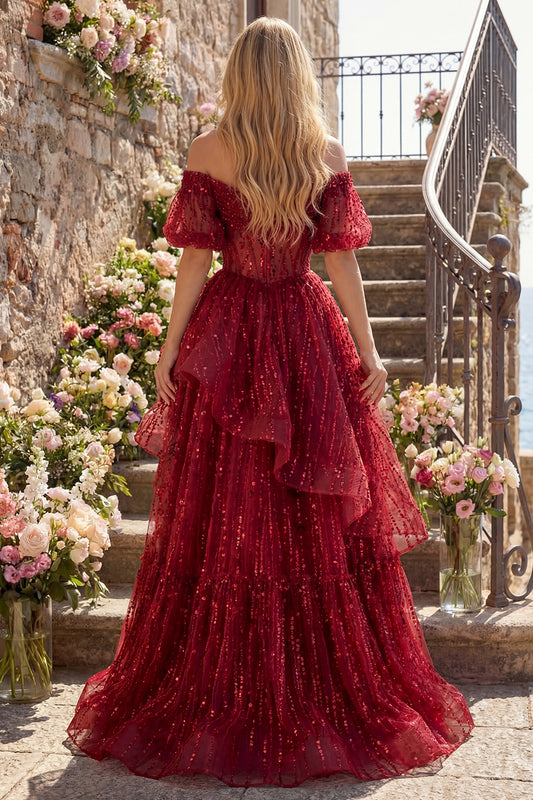 Puff Sleeves Corset A Line Sparkly Burgundy Long Beaded Prom Dress with Ruffles