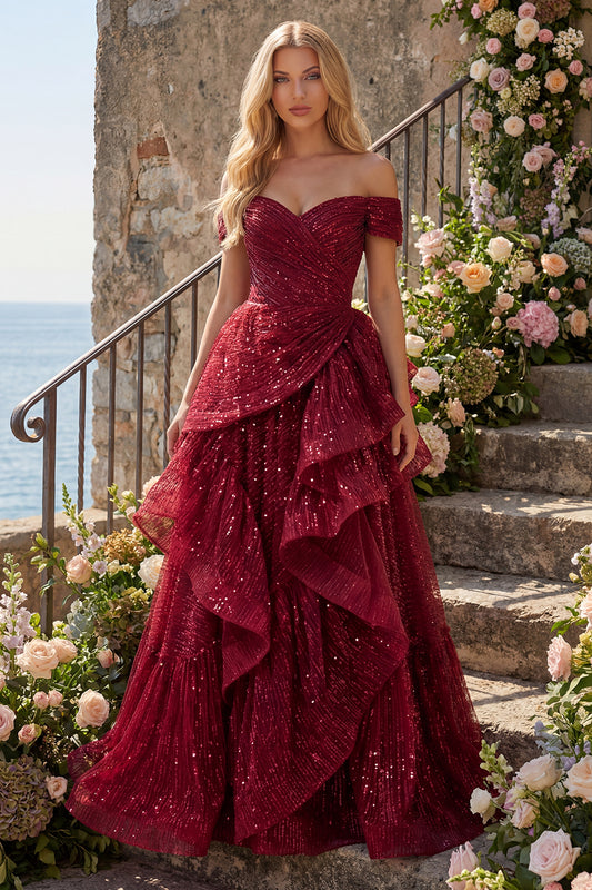 A Line Sparkly Burgundy Off the Shoulder Long Sequin Prom Dress with Ruffles