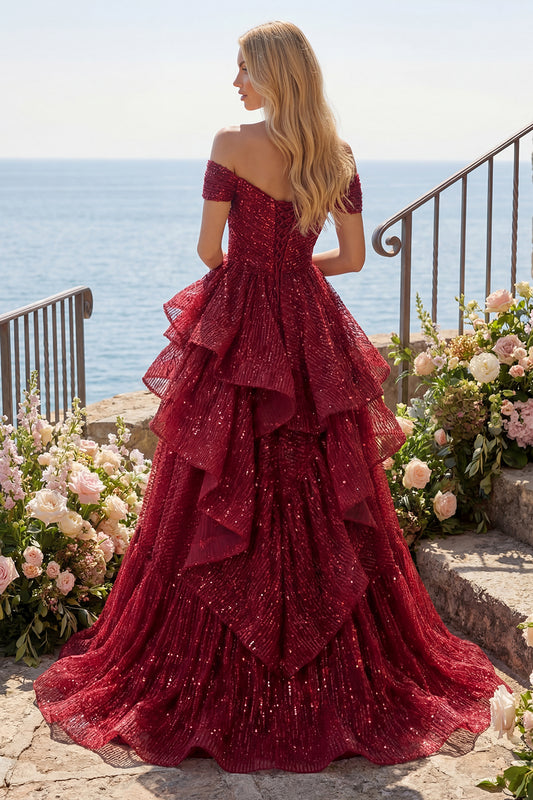 A Line Sparkly Burgundy Off the Shoulder Long Sequin Prom Dress with Ruffles