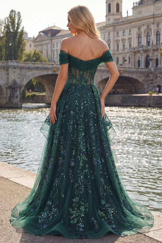 Sparkly Dark Green Corset A Line Long Sequin Prom Dress with Ruffles