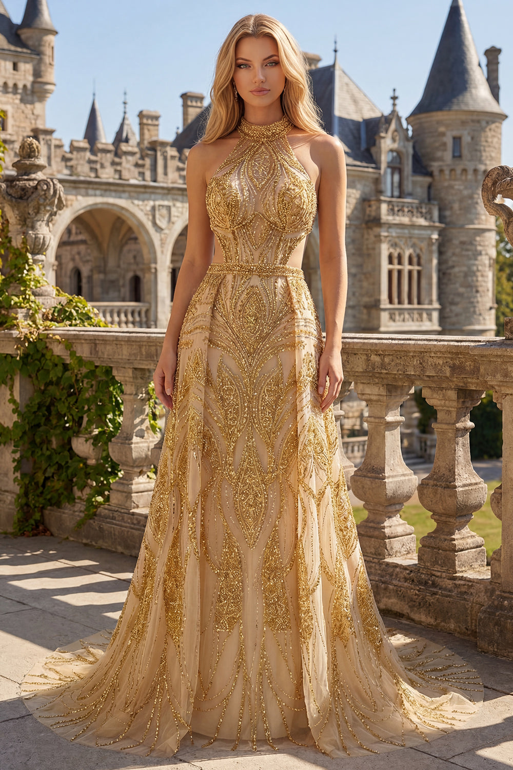 Zapakasa Women Sparkly Golden Long Beaded Prom Dress With Cape A Line High Neck Open Back Pageant Dress Zapakasa Women Sparkly Golden Long Beaded Prom Dress With Cape A Line High Neck Open Back Pageant Dress