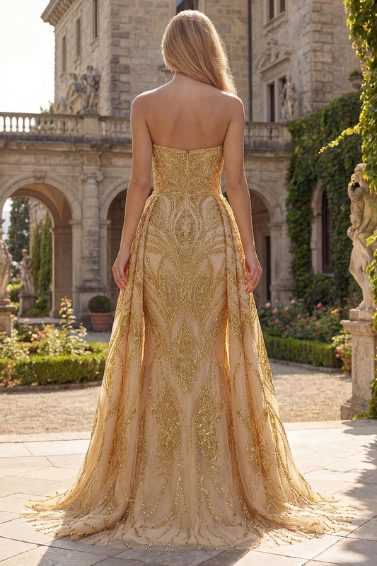 Ruched Strapless Mermaid Sparkly Golden Long Beaded Prom Dress with Cape