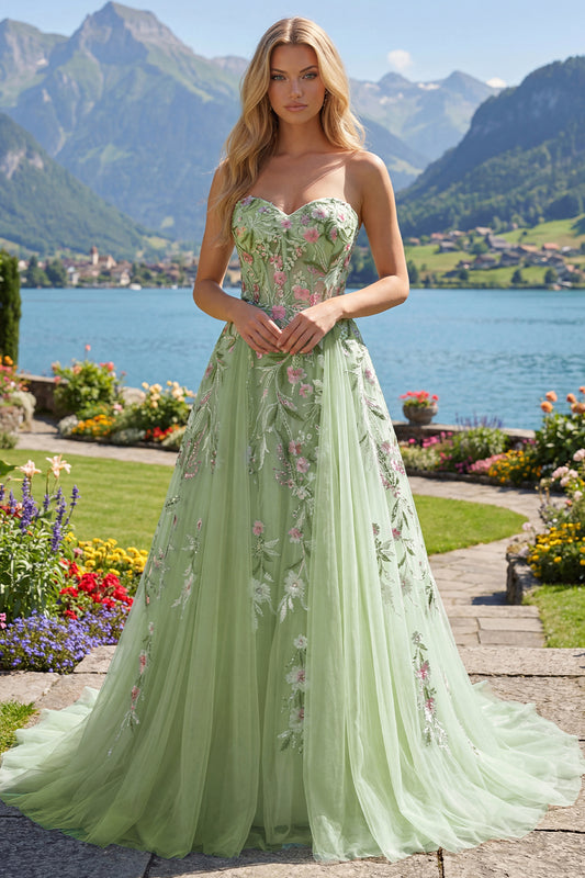 Strapless Corset Green Long A Line Floral Beaded Prom Dress