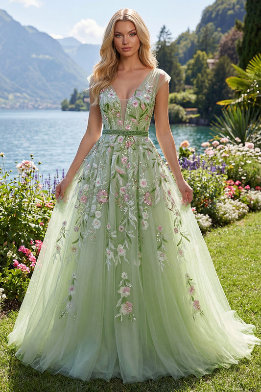 V-Neck Green Long A Line Floral Prom Dress with Beading