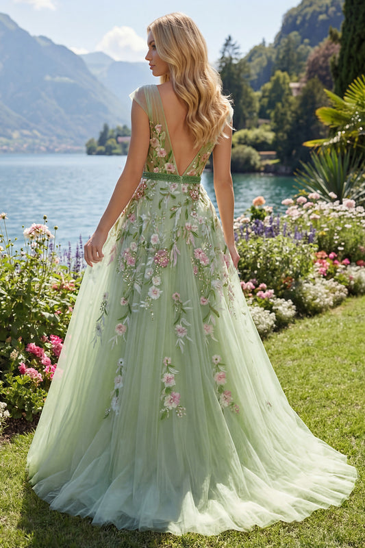 V-Neck Green Long A Line Floral Prom Dress with Beading