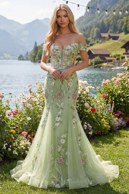 Mermaid Corset Green Long Off the Shoulder Floral Prom Dress