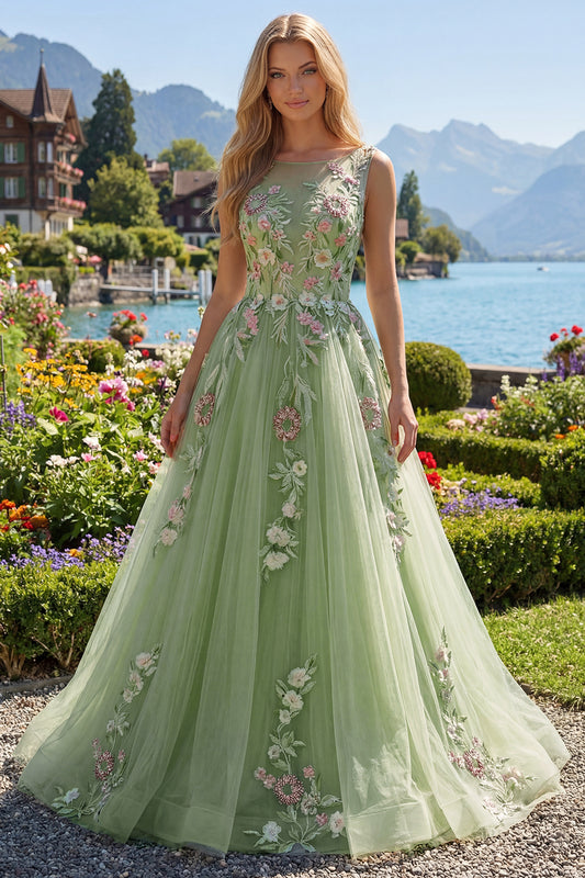 Boat Neck Green Long A Line Floral Prom Dress