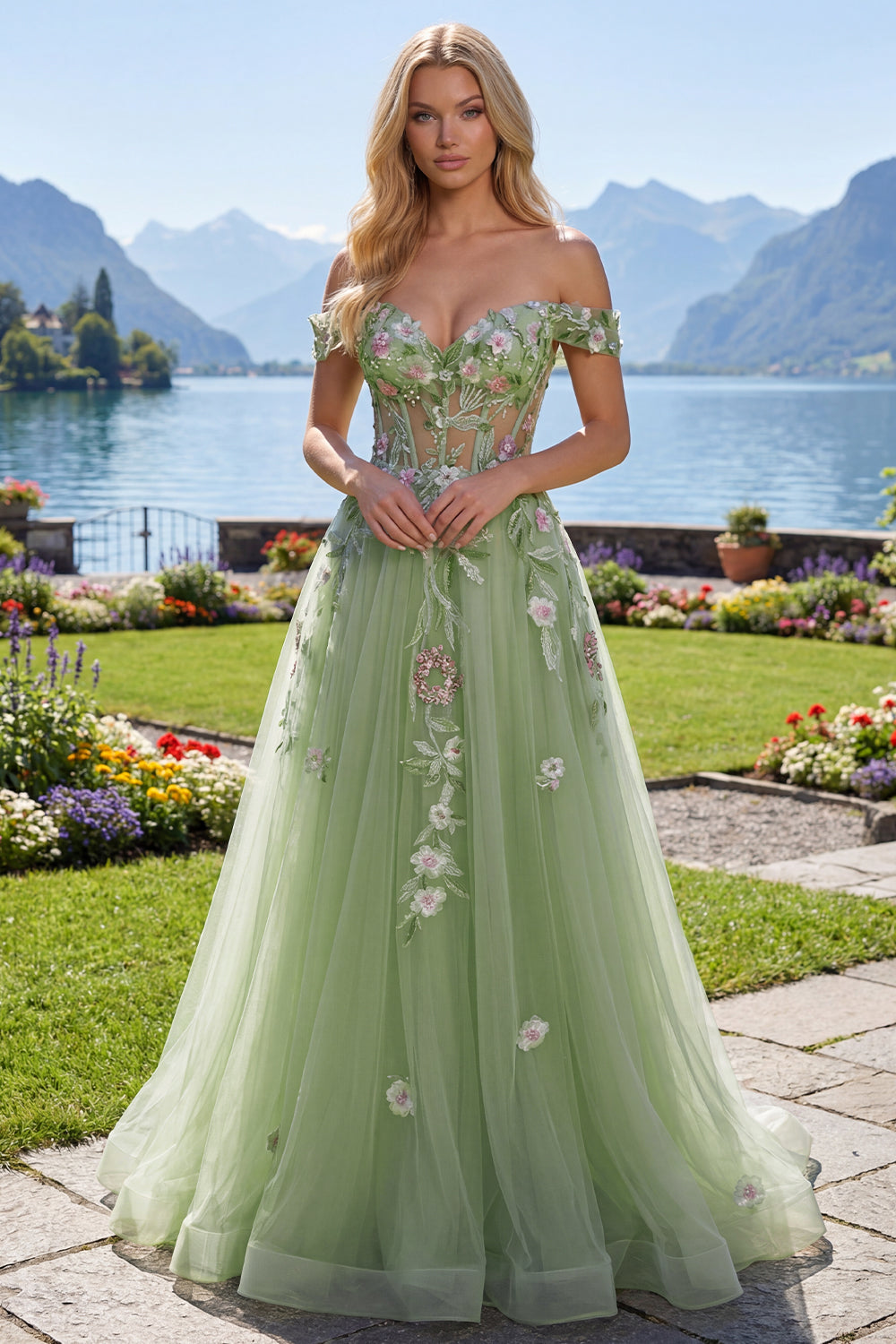 ZAPAKA Women Off The Shoulder Prom Dress Corset A Line Green Appliqued Tulle Long Evening Dress, Green / US16W