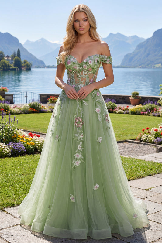 Off the Shoulder Corset Green Long A Line Floral Beaded Prom Dress