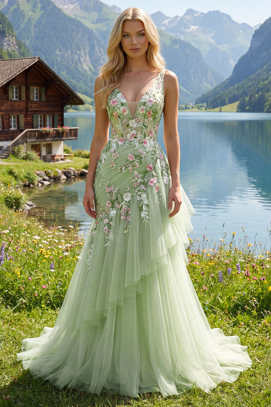 Mermaid Corset Green Long V-Neck Ruched Floral Prom Dress with Ruffles