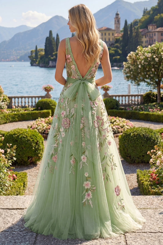 Square Neck Sparkly Green Long A Line Floral Beaded Prom Dress with Bow