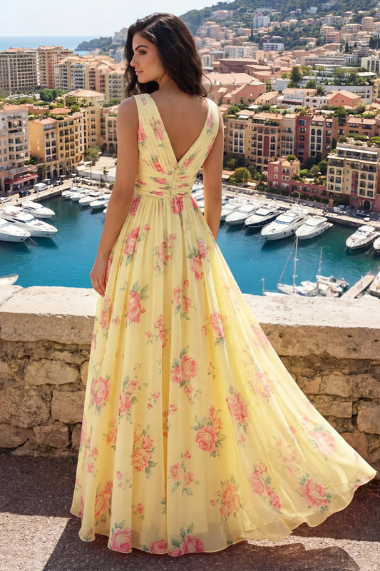 V-Neck Ruched A Line Butter Yellow Floral Prom Dress with Slit