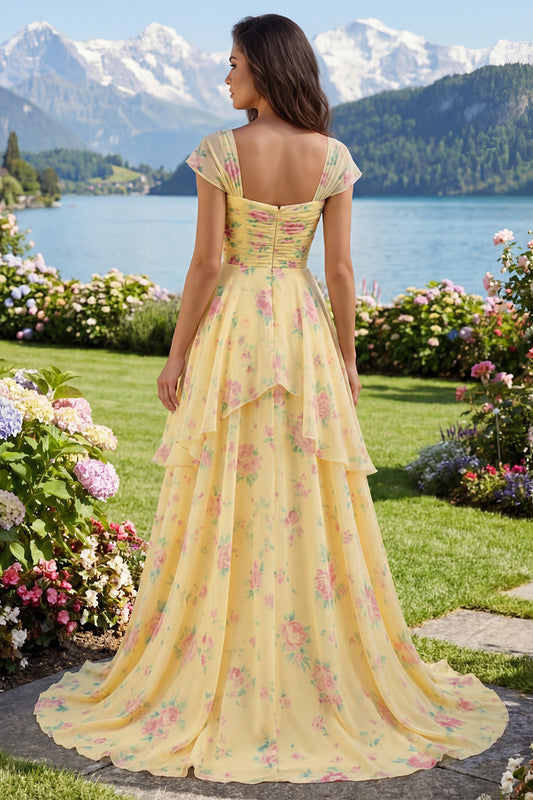 Cap Sleeves A Line Butter Yellow Ruffled Floral Prom Dress with Slit