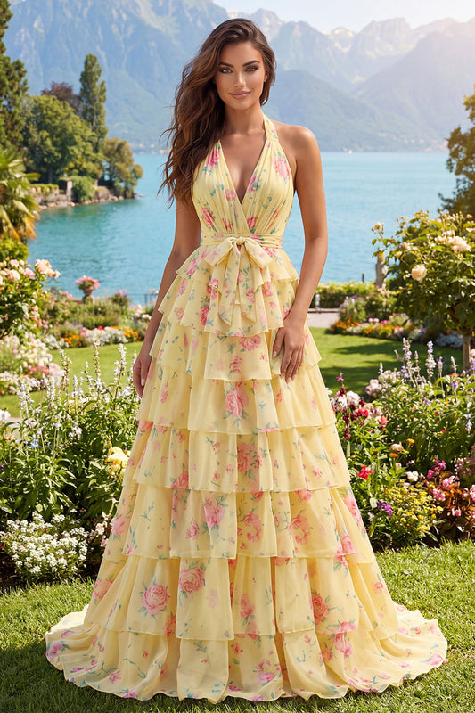 Halter A Line Butter Yellow Floral Prom Dress with Ruffles