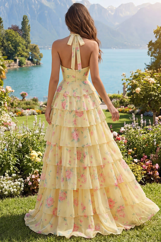 Halter A Line Butter Yellow Floral Prom Dress with Ruffles