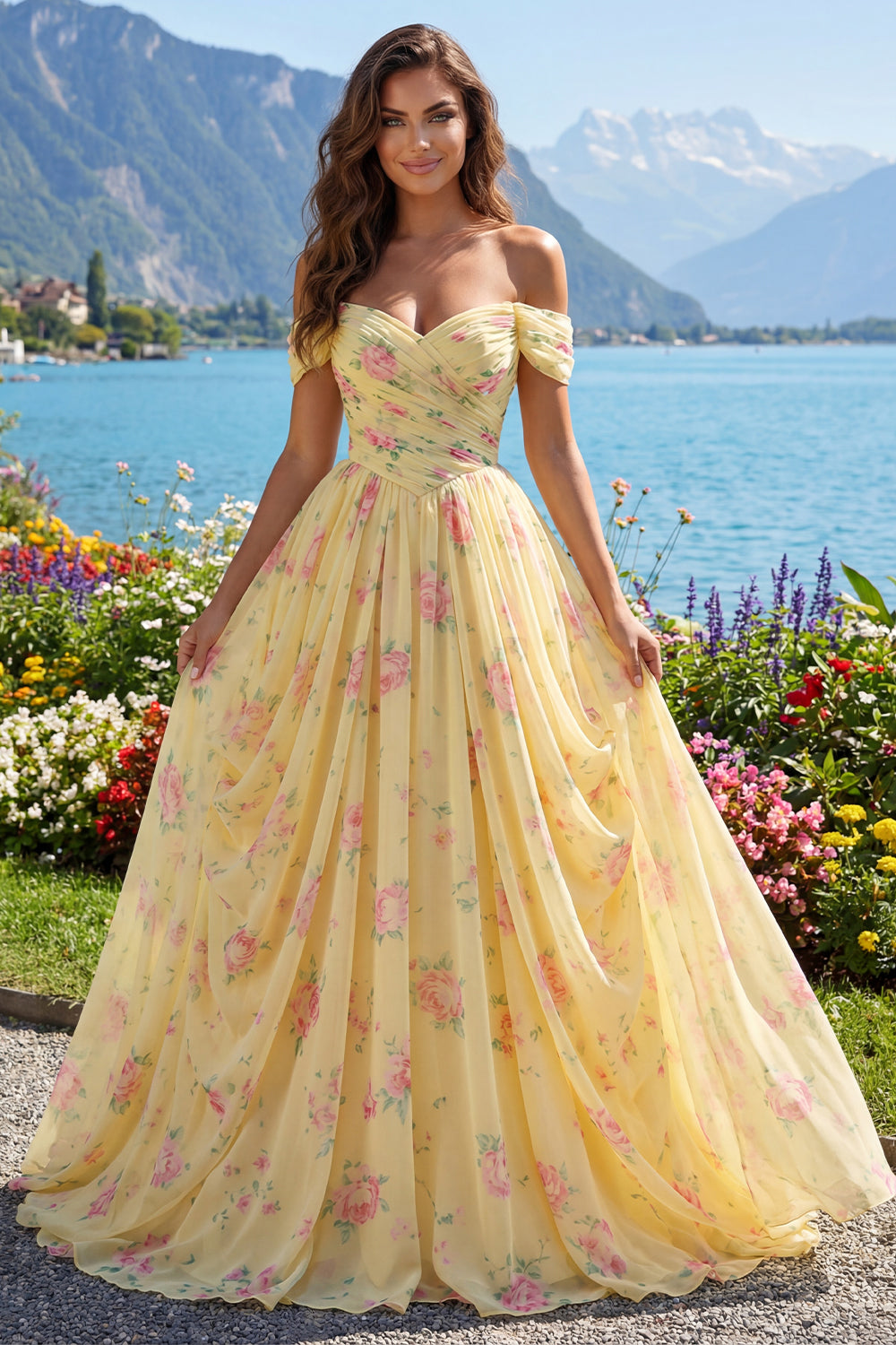 Zapakasa Women Butter Yellow Chiffon Long Floral Prom Dress Ruched Off the Shoulder A Line Pageant Dress Zapakasa Women Butter Yellow Chiffon Long Floral Prom Dress Ruched Off the Shoulder A Line Pageant Dress