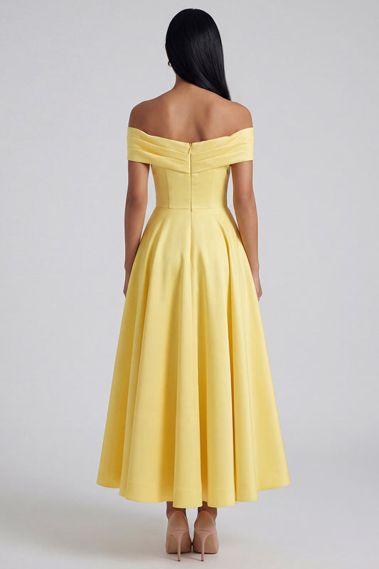 Off the Shoulder Ruched Butter Yellow A Line Maxi Beach Wedding Guest Dress