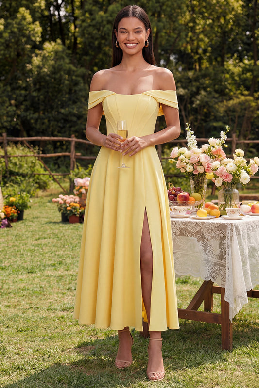 Corset Butter Yellow A Line Maxi Beach Wedding Guest Dress with Slit